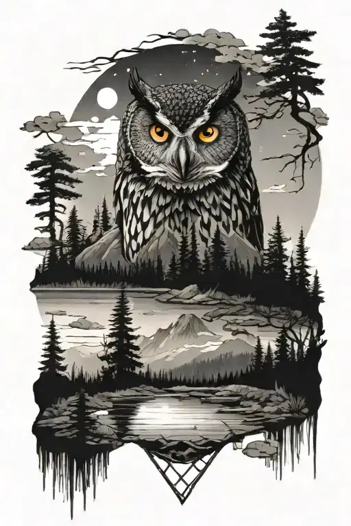 Ralistic black ink featuring a mountain landscape surrounded lake with trees. The sky transitions to an owl with 🟡 eyes tattoo design idea