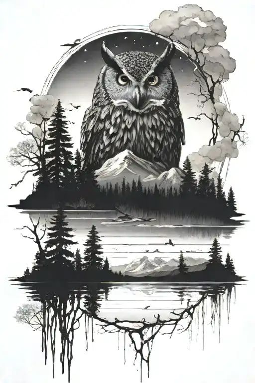 Ralistic black ink featuring a mountain landscape surrounded lake with trees. The sky transitions to an owl with 🟡 eyes tattoo design idea