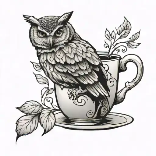 An owl perched on a coffee mug, representing the client's favorite things tattoo design idea