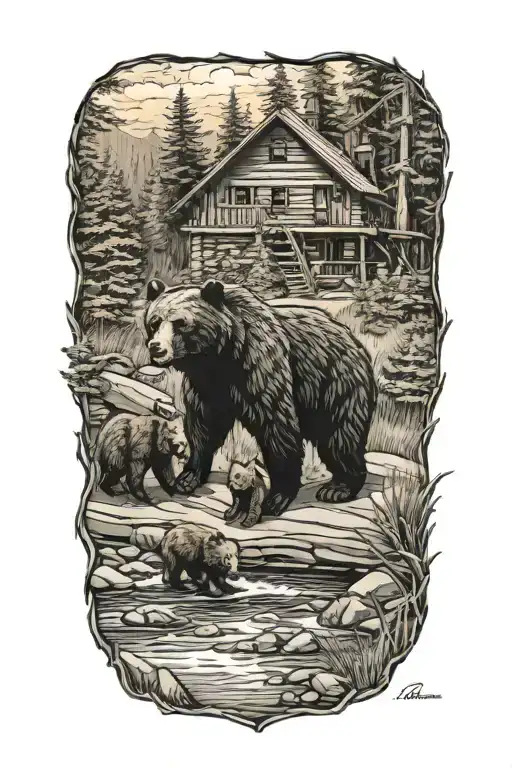 A black bear with cubs beside a creek and cabin   tattoo design idea