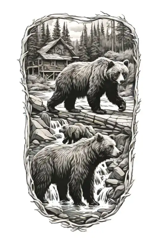 Bear cabin waterfall flowing river running tattoo design idea
