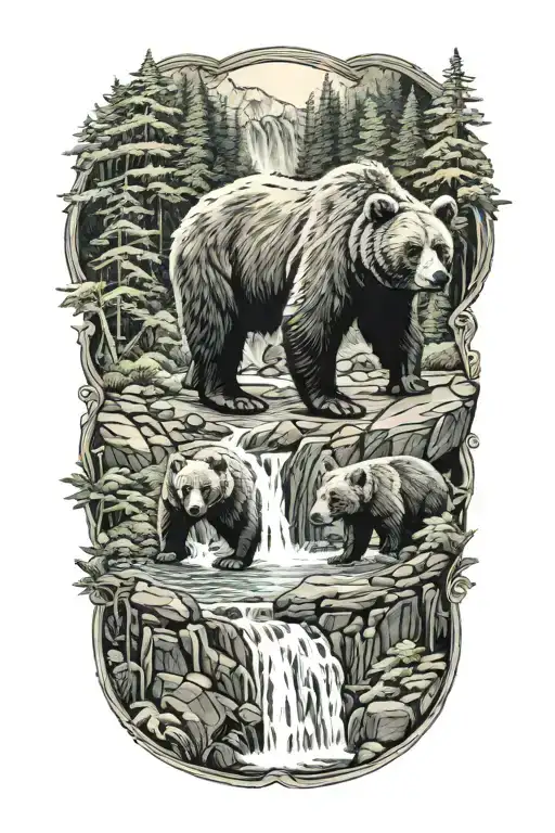 A mama bear in cub at a waterfall surrounded by lush forest  tattoo design idea