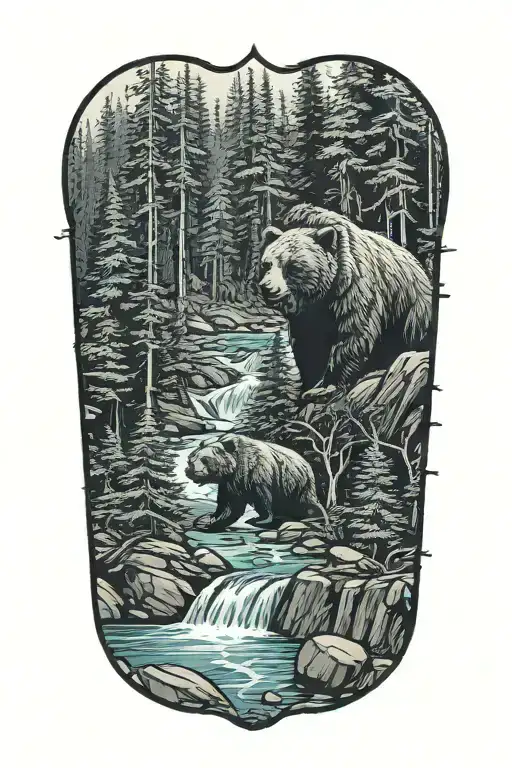 bear ,pine trees, small waterfall tattoo design idea