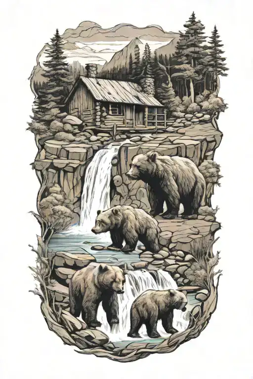 waterfall and 4 bears by a cabin nestled tattoo design idea