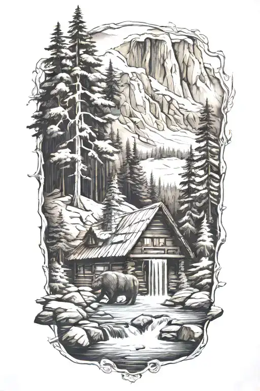 mama bear , cabin , waterfall, cabin surrounded tattoo design idea