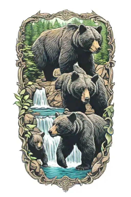 black bears and waterfall in color  tattoo design idea