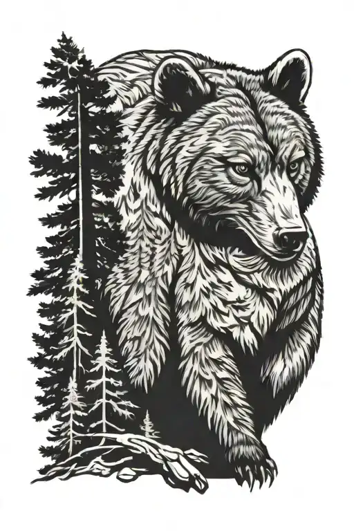 bear , pine trees and bobcat  tattoo design idea