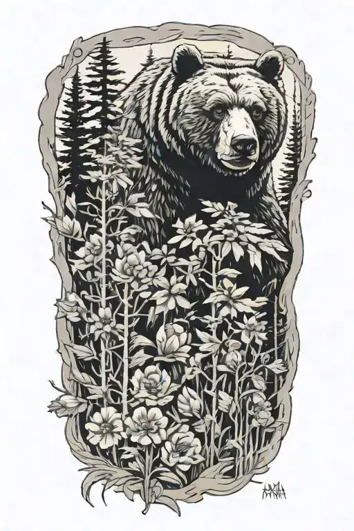 bear , birds , pine trees , flowers wrapped tattoo design idea