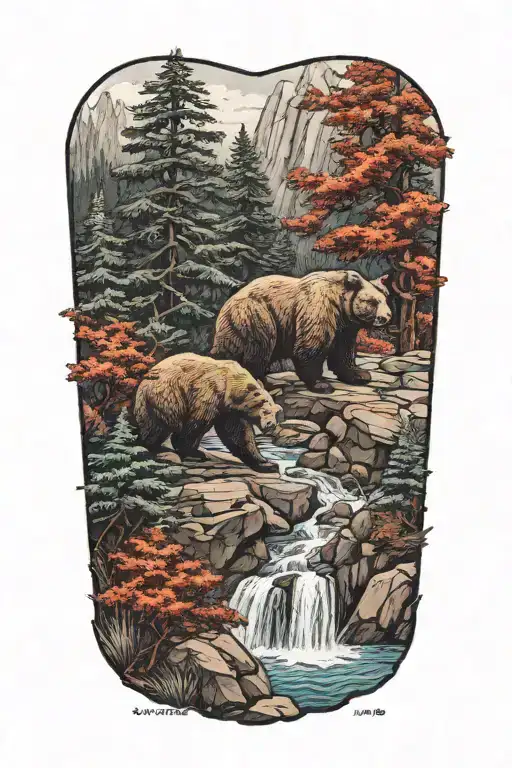 bear , small berry bush beside a waterfall surrounded by a couple of pine trees  tattoo design idea