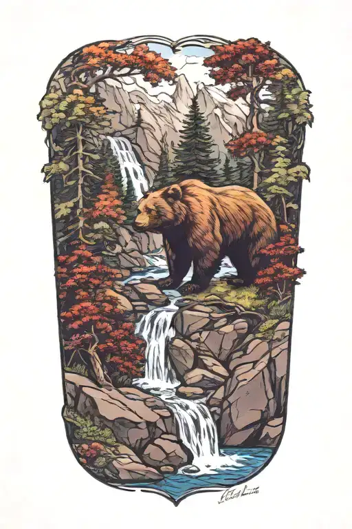 bear, waterfall cascading, berries mountain scene tattoo design idea