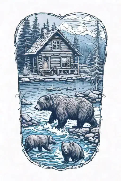 Bears  by water wall and cabin   tattoo design idea