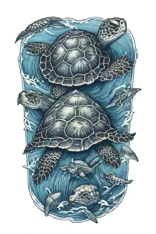 turtle with baby in the ocean  tattoo design idea