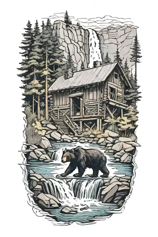 A black bear standing in front of a cascading waterfall with a cabin above  tattoo design idea