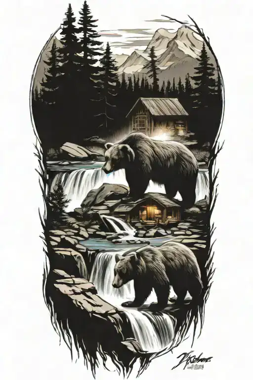 mama bear , cabin , waterfall, cabin  tattoo design idea