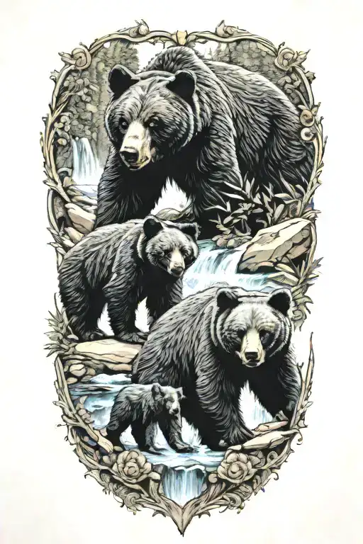 black bear and one cub and waterfall in color  tattoo design idea