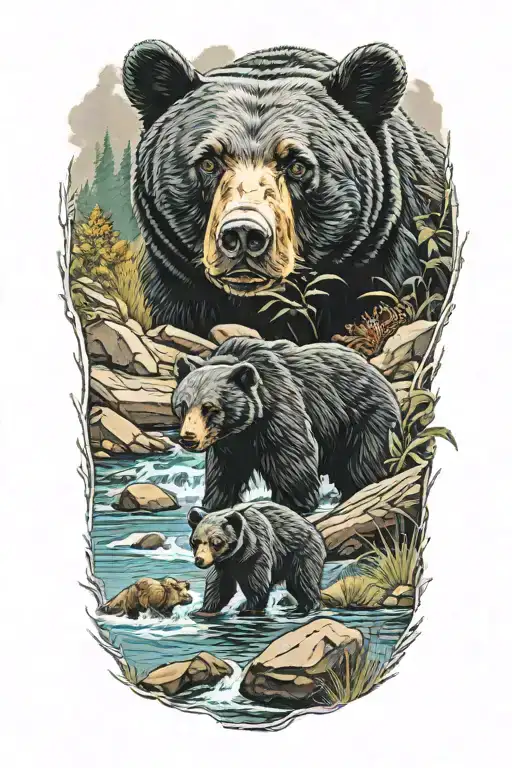 A black bear with cubs at the river in color    tattoo design idea