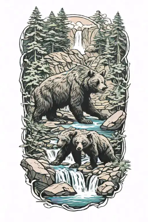 A mama bear in cub at a waterfall surrounded by lush greenery tattoo design idea