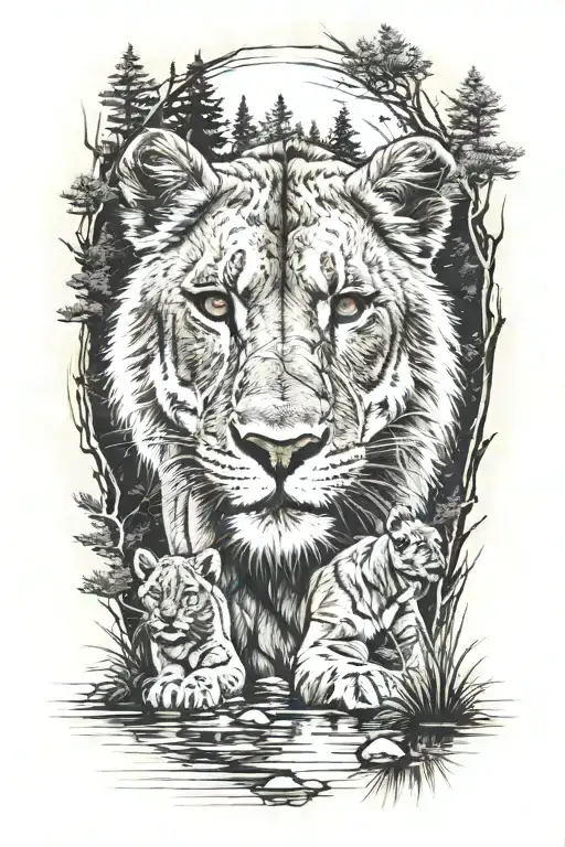 A lioness, one cub, pine trees, water hole  tattoo design idea