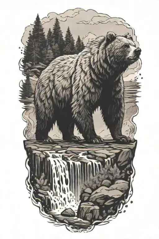 A majestic grizzly bear standing in front of a cascading waterfall tattoo design idea