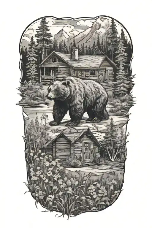 bear , wild flowers and cabin  tattoo design idea