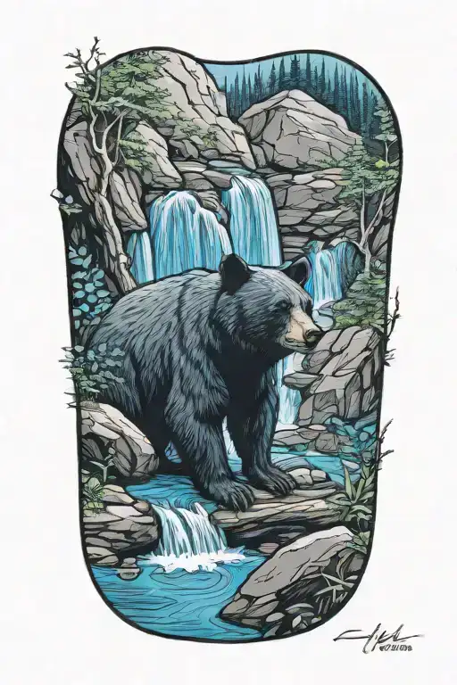 blue waterfall and black bear cub resting tattoo design idea