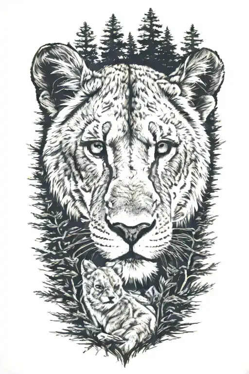 A lioness, one cub, pine trees tattoo design idea