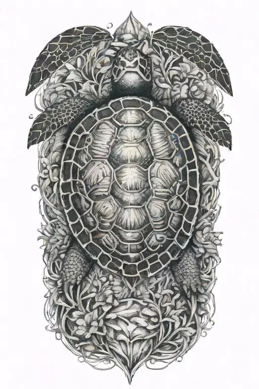 turtle swimming, sea plants intertwined tattoo design idea