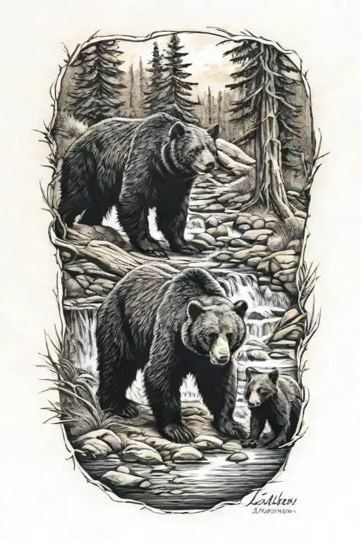 A black bear with cubs beside a creek tattoo design idea