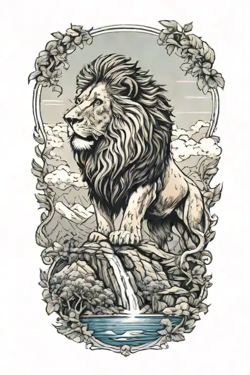 A lion roaring majestically from the top of a mountain peak, surrounded by lush greenery and a clear blue sky tattoo design idea