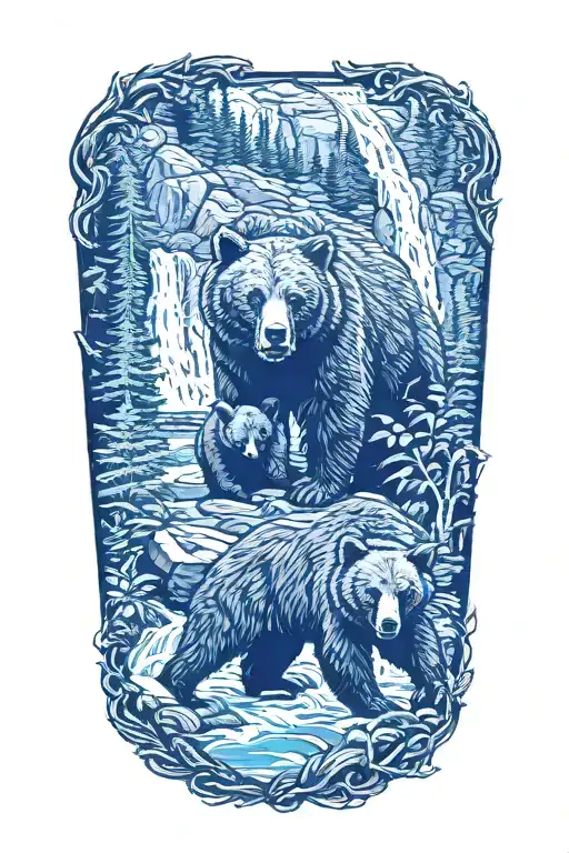 A mama bear in cub at a waterfall surrounded by lush forest  tattoo design idea