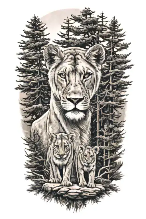 A lioness  , a cub, pine trees tattoo design idea