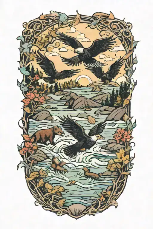 A flock of birds soaring over a tranquil river with black bears fishing along the banks tattoo design idea