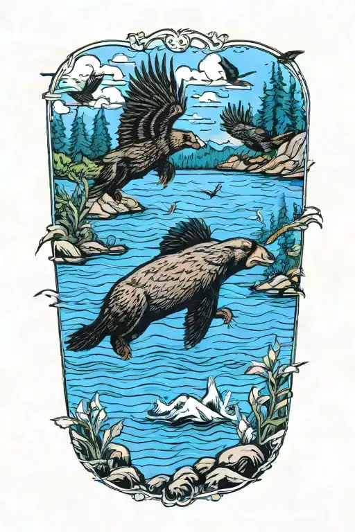 A flock of birds soaring over a tranquil river with black bears fishing along the banks tattoo design idea