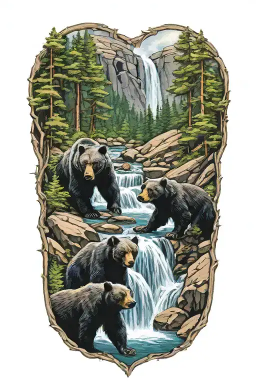 A black bear with cubs at a waterfall in color  tattoo design idea
