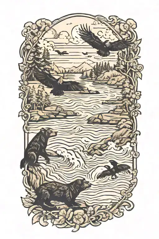 A flock of birds soaring over a tranquil river with black bears fishing along the banks tattoo design idea