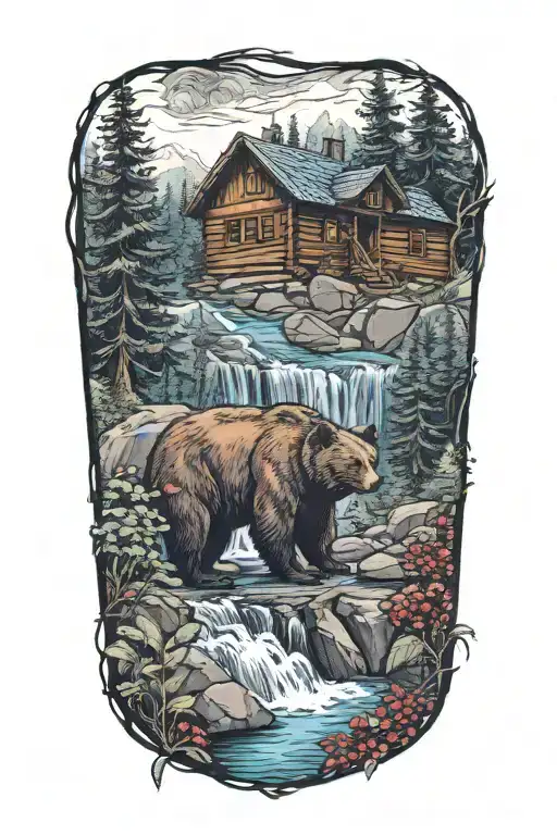 bear above a waterfall surrounded by berry bushes and a log cabin  tattoo design idea