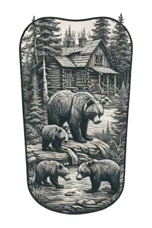 mama bear with four cubs by a cabin tattoo tattoo design idea
