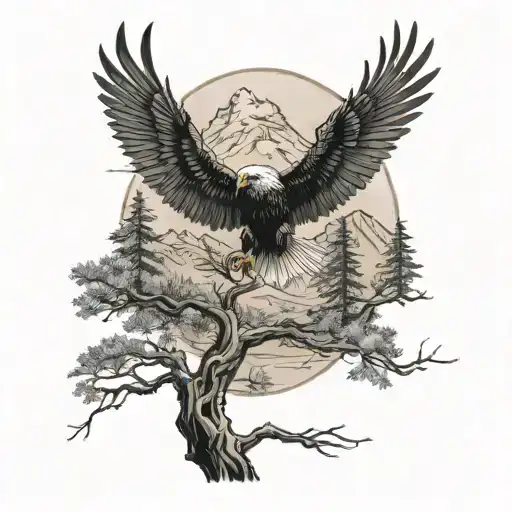A black-grey tattoo of a winding hiking trail leading up to a silhouette of an eagle perched on a tree branch, capturing your love for hiking and eagles tattoo design idea