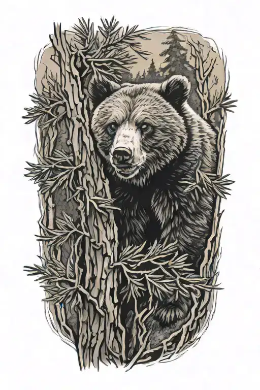 Bear cub in a pine tree tattoo design idea