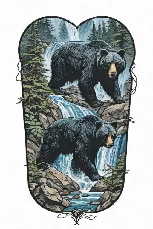 blue waterfall and black bear walking tattoo design idea