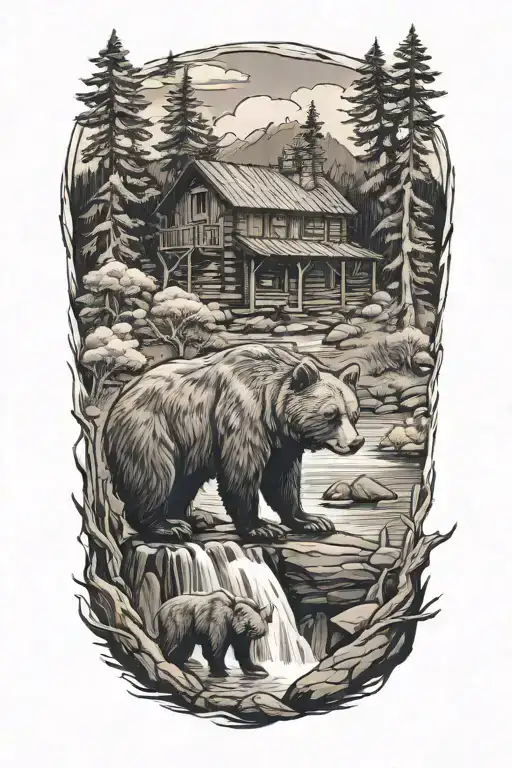 waterfall , a mama bear and cub by a log cabin  tattoo design idea