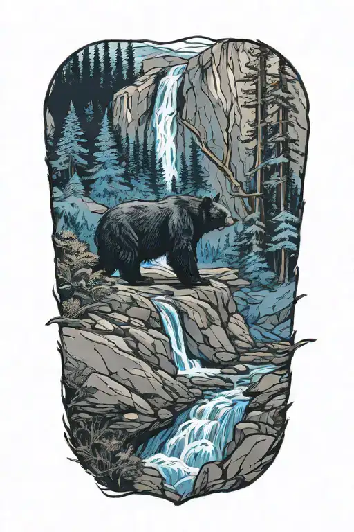 blue waterfall and black bear looking back tattoo design idea