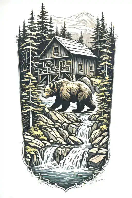cabin above a bear at a waterfall cascading tattoo design idea