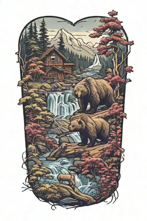 bear and cub at a waterfall surrounded by berry bushes and a log cabin  tattoo design idea