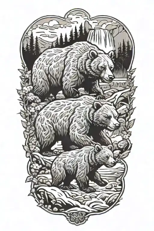 A mama bear in cub above a waterfall  tattoo design idea