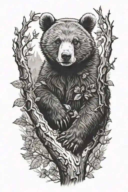 Bear cub in a tree branch tattoo design idea