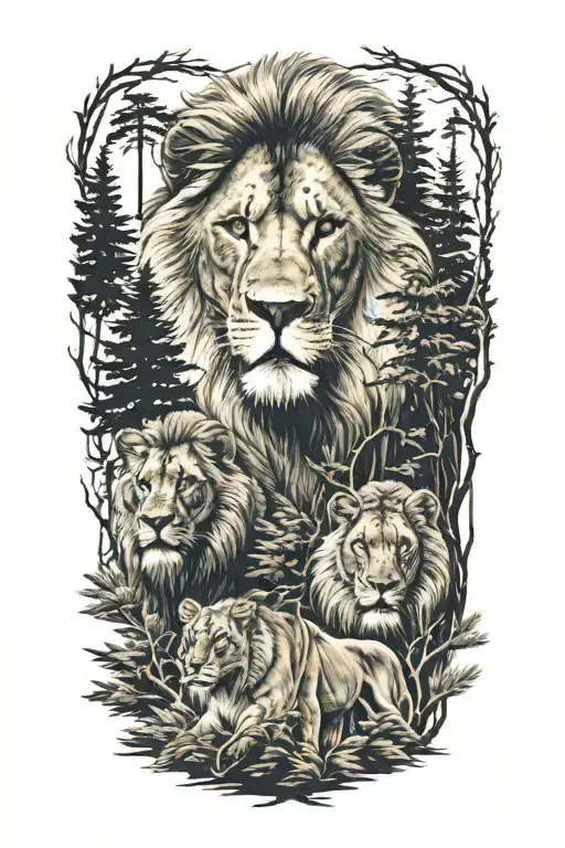 A lion, a lioness , a cub, pine trees tattoo design idea