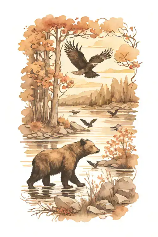 A flock of birds soaring over a tranquil river with black bears fishing along the banks tattoo design idea