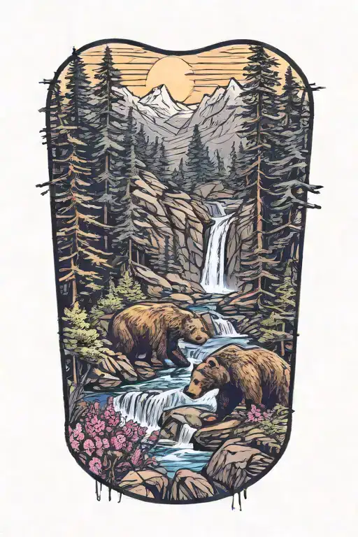 bear ,pine trees, small waterfall , wild flowers intertwined tattoo design idea