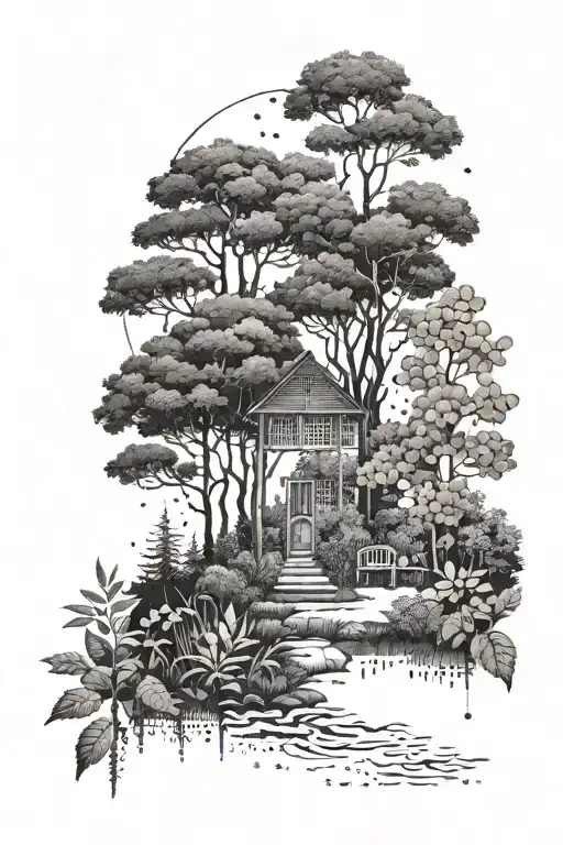 A dotwork tattoo of a serene forest scene with a hidden garden motif, reflecting your passion for gardening and the outdoors tattoo design idea